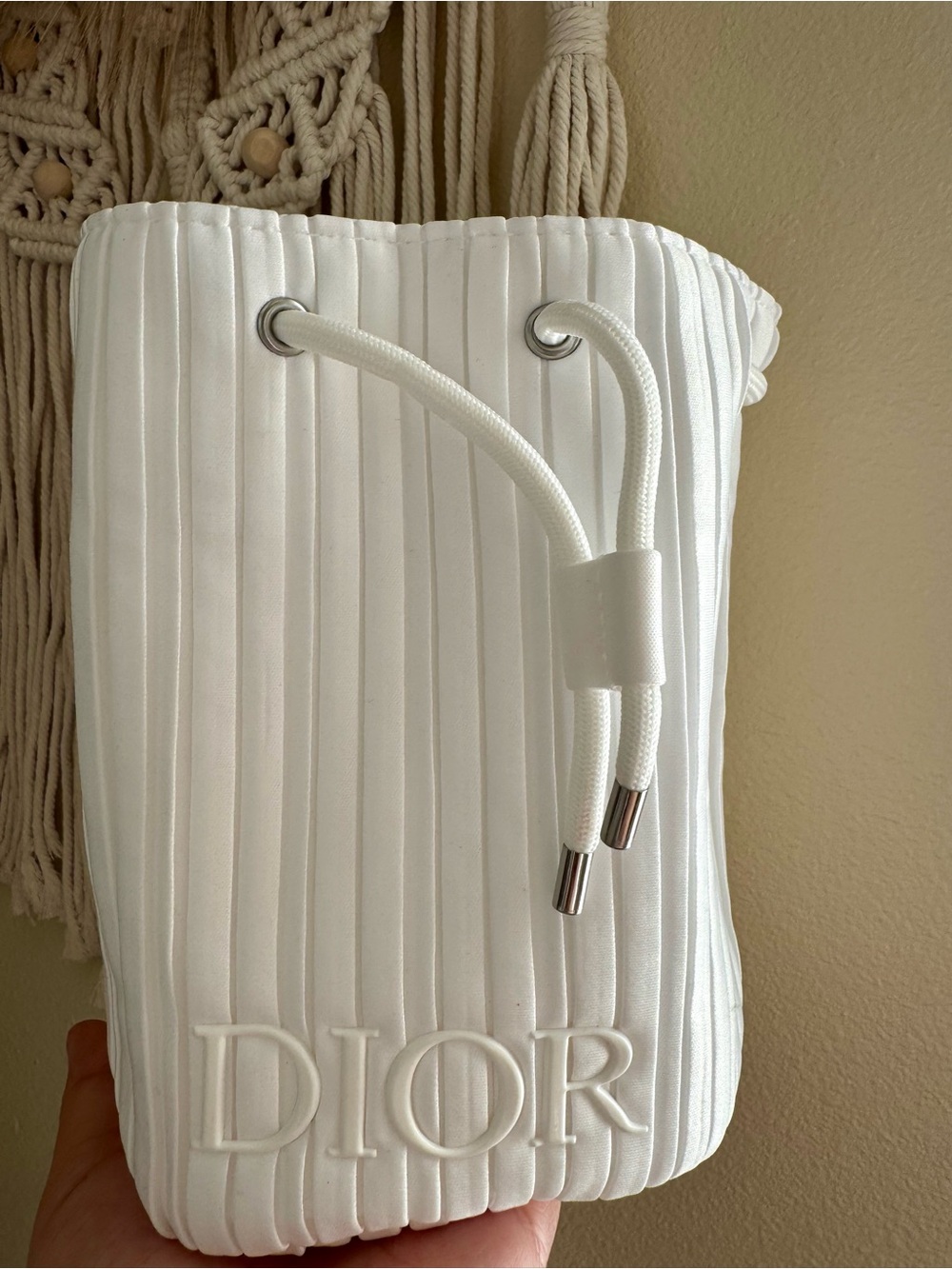 Dior White Pleated Bucket Bag with Drawstring and Silver chain and tassel